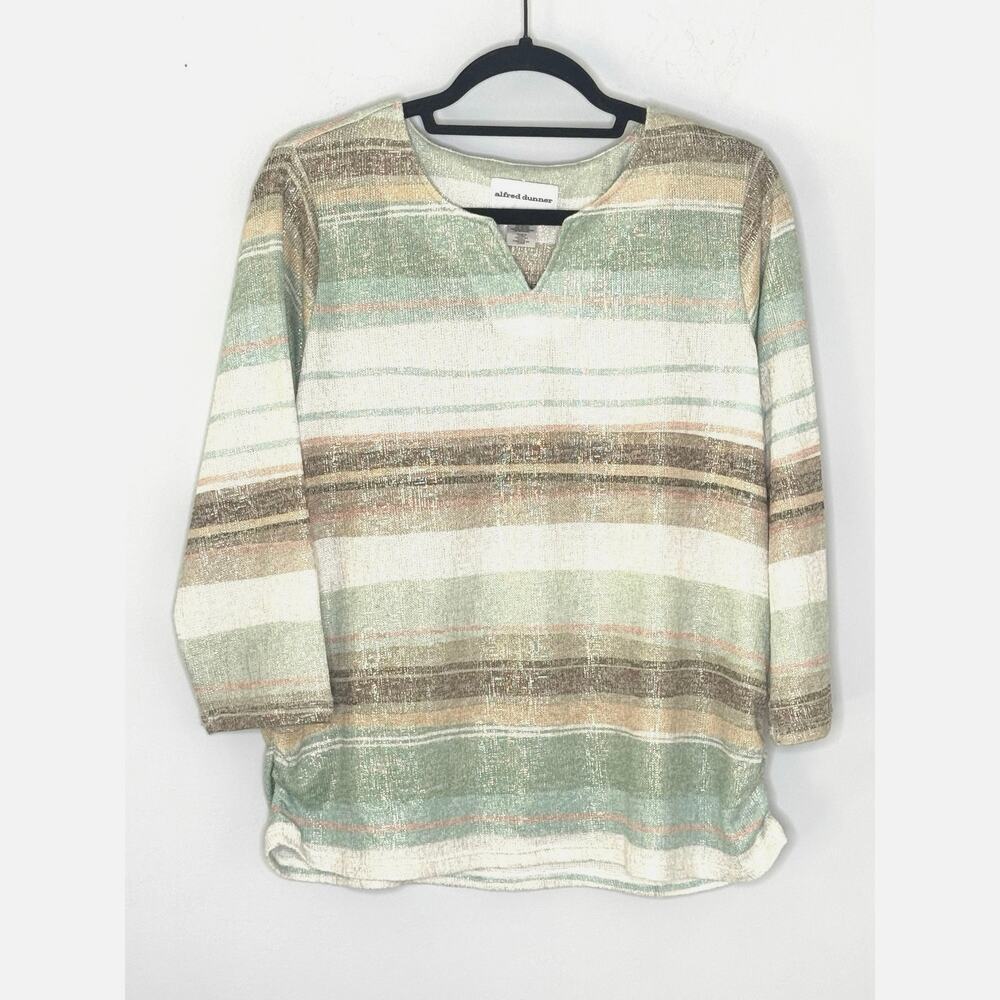 Alfred Dunner Multicolor Gold Shimmer Notch Collar 3/4 Sleeve Tunic Top Size S